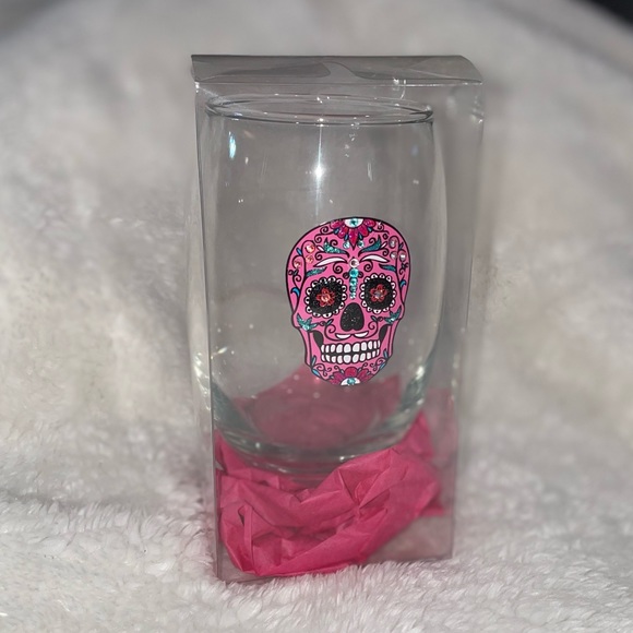 BLING GLITTER & SWAROVSKI CRYSTALS PINK & TEAL SUGAR SKULL STEMLESS WINE GLASS - Picture 10 of 12